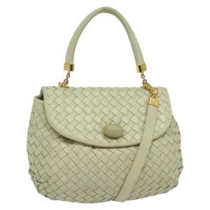 BOTTEGA VENETA INTRECCIATO Hand Bag Leather 2way White Gold Auth 138828